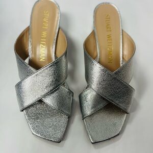 Stuart Weitzman Silver Crisscross Slide Sandals